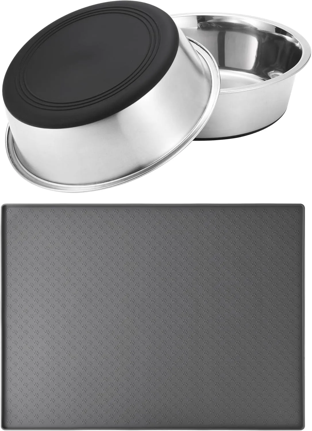 2 Packs Stainless Steel Metal Dog/Cat Bowl & Waterproof Pet Feeding Silicone Mats with High Lips,Rubber Base Anti Slip Heavy-Duty Bowl,mats for Controlling Water and Food Spills to Protect The Floor.