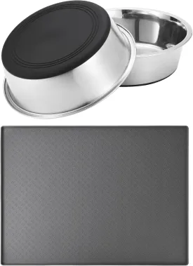 2 Packs Stainless Steel Metal Dog/Cat Bowl & Waterproof Pet Feeding Silicone Mats with High Lips,Rubber Base Anti Slip Heavy-Duty Bowl,mats for Controlling Water and Food Spills to Protect The Floor.