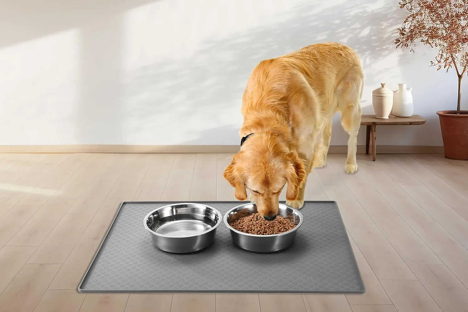 2 Packs Stainless Steel Metal Dog/Cat Bowl & Waterproof Pet Feeding Silicone Mats with High Lips,Rubber Base Anti Slip Heavy-Duty Bowl,mats for Controlling Water and Food Spills to Protect The Floor.