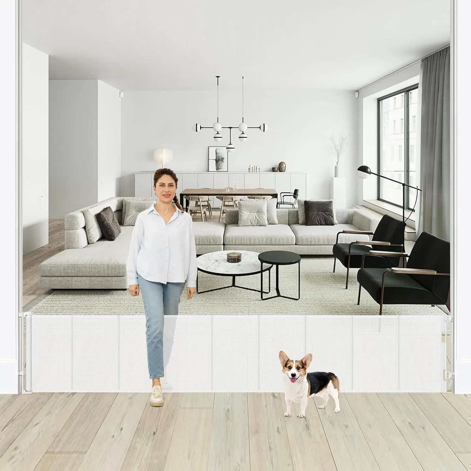 24 Inch Tall x 150 Inch Extra Wide Retractable Dog Gate for The House, Short Baby Gate to Step Over, Reinforced Mesh Puppy Gate for Doorways, Step Over Pet Gate for Stairs, Indoor/Outdoor, White