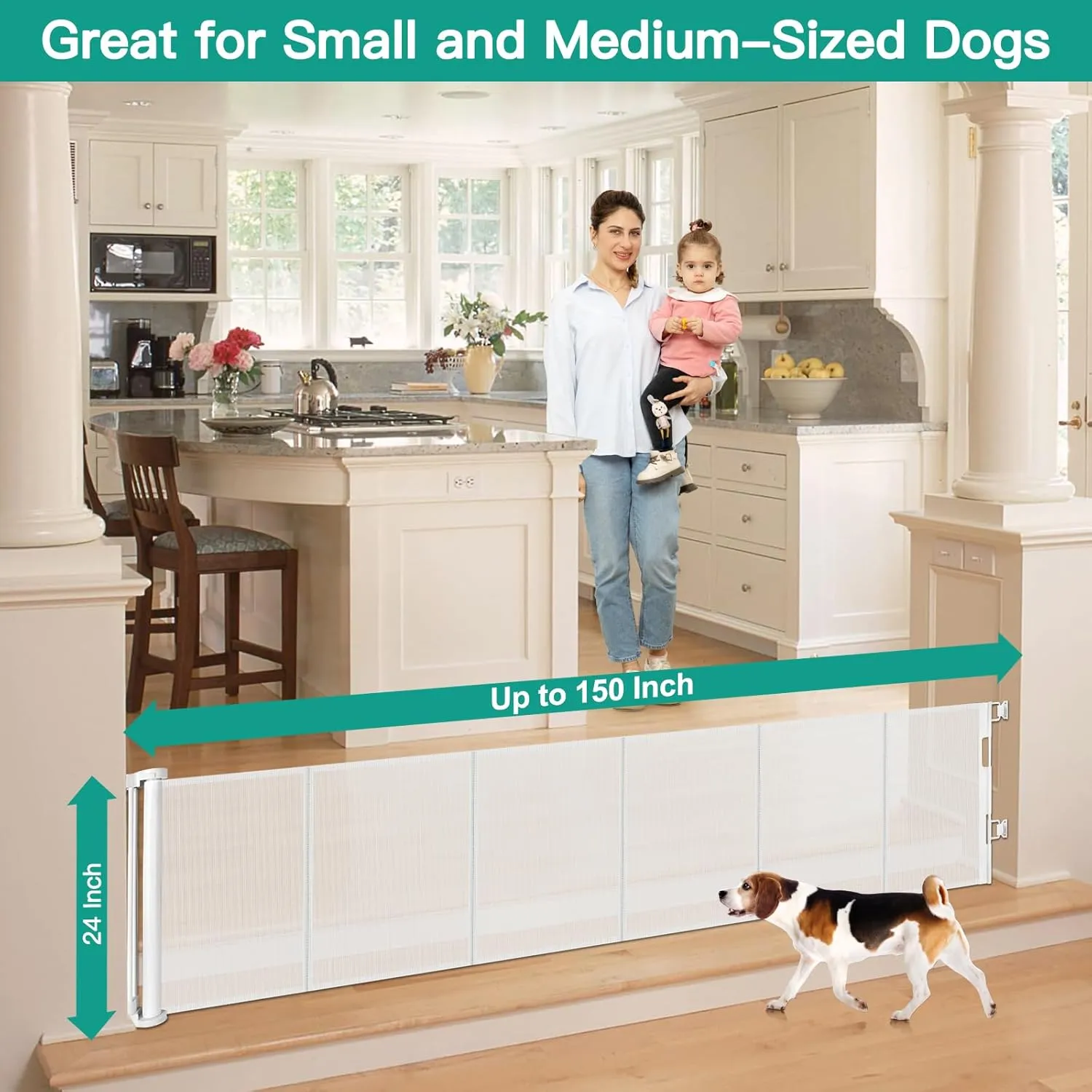 24 Inch Tall x 150 Inch Extra Wide Retractable Dog Gate for The House, Short Baby Gate to Step Over, Reinforced Mesh Puppy Gate for Doorways, Step Over Pet Gate for Stairs, Indoor/Outdoor, White