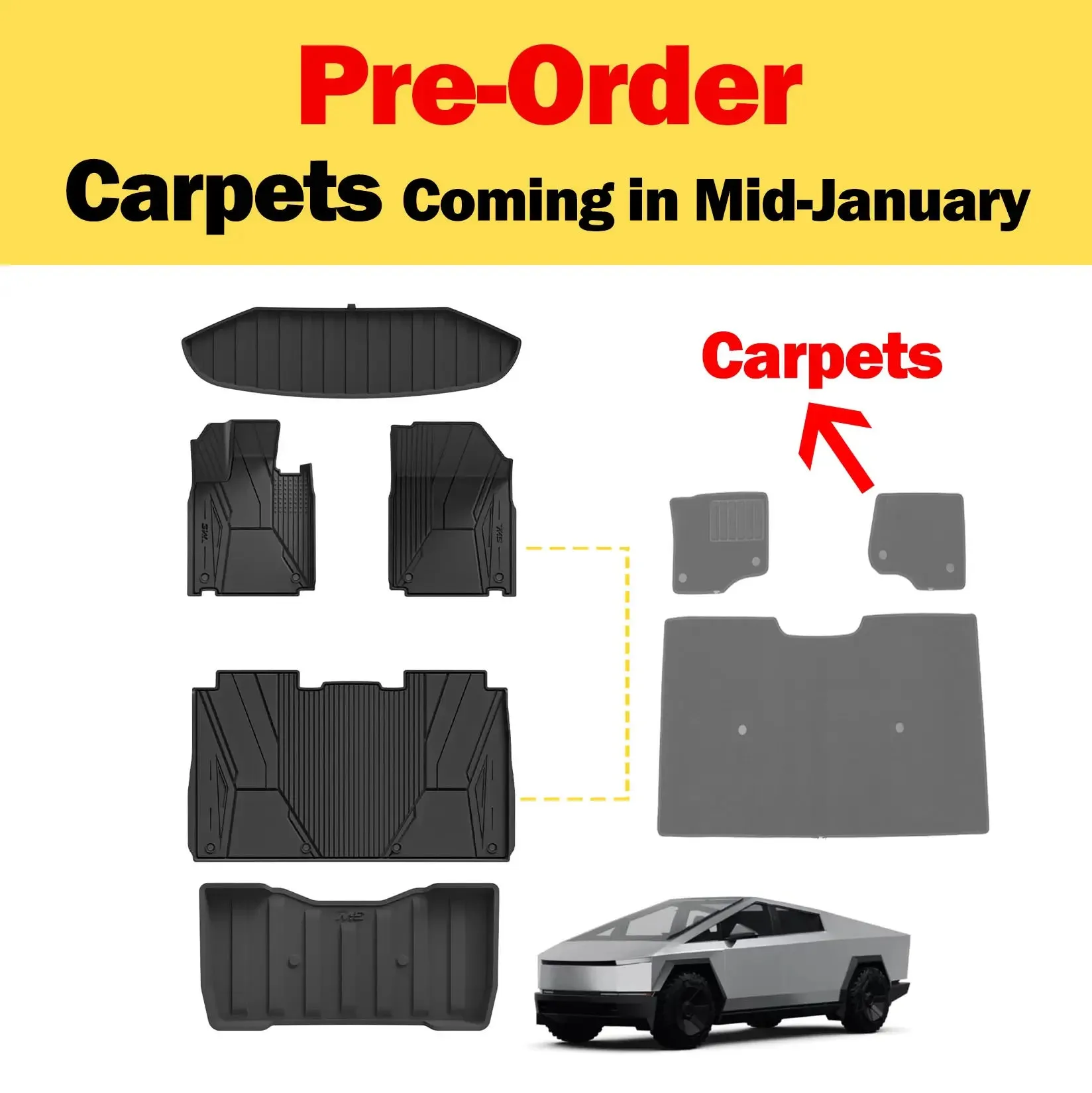 3W Tesla Cybertruck 2023 2024 Custom Floor Mats / Trunk Mats / Bed Mat TPE Material & All-Weather Protection