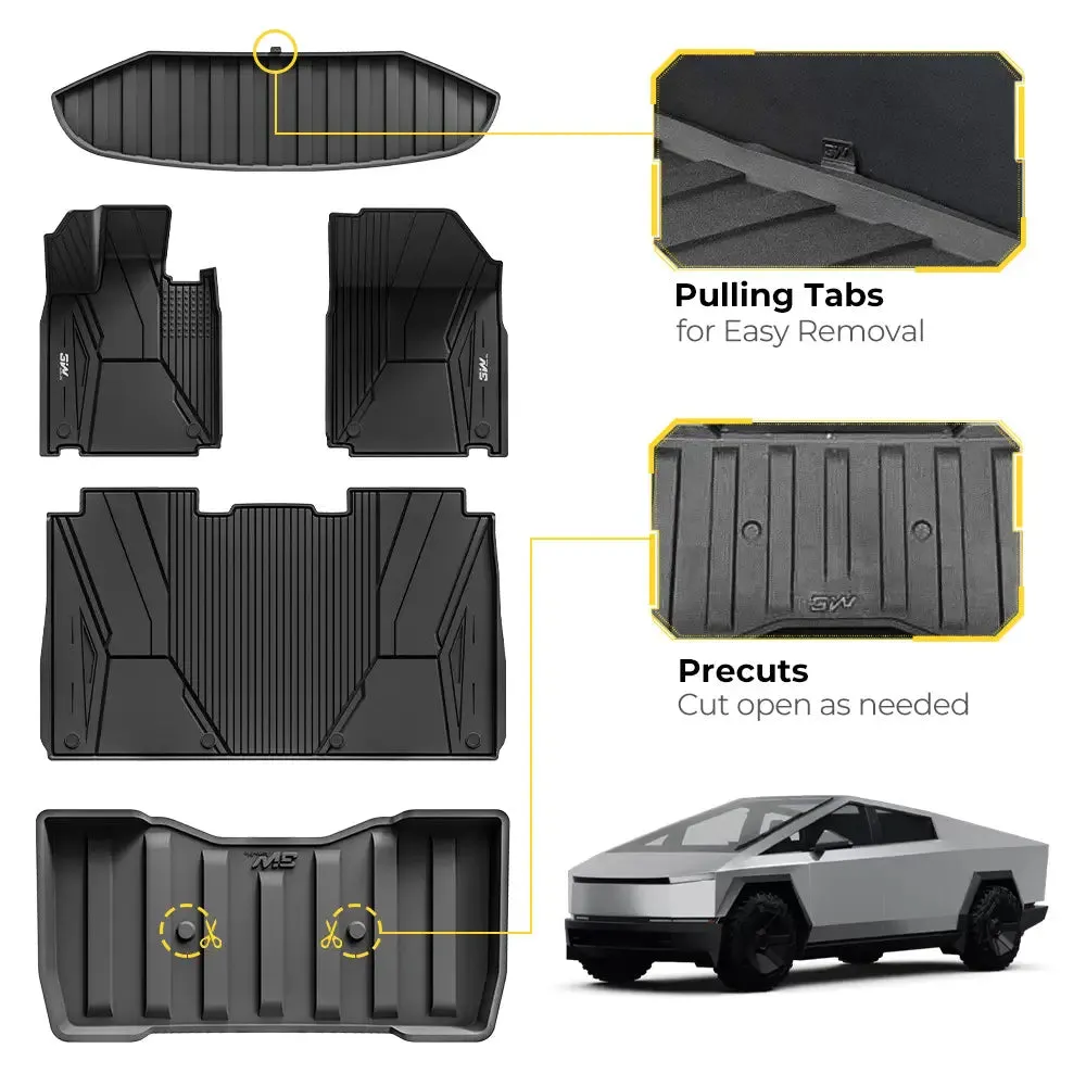 3W Tesla Cybertruck 2023 2024 Custom Floor Mats / Trunk Mats / Bed Mat TPE Material & All-Weather Protection
