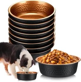8 Pcs Hammered Stainless Steel Dog Bowls Heavy Duty Less Sliding Deep Metal Food Water Bowls for Pets Dogs Cats Easy to Clean(Black Gold,64 Oz, 8.5 Dia)