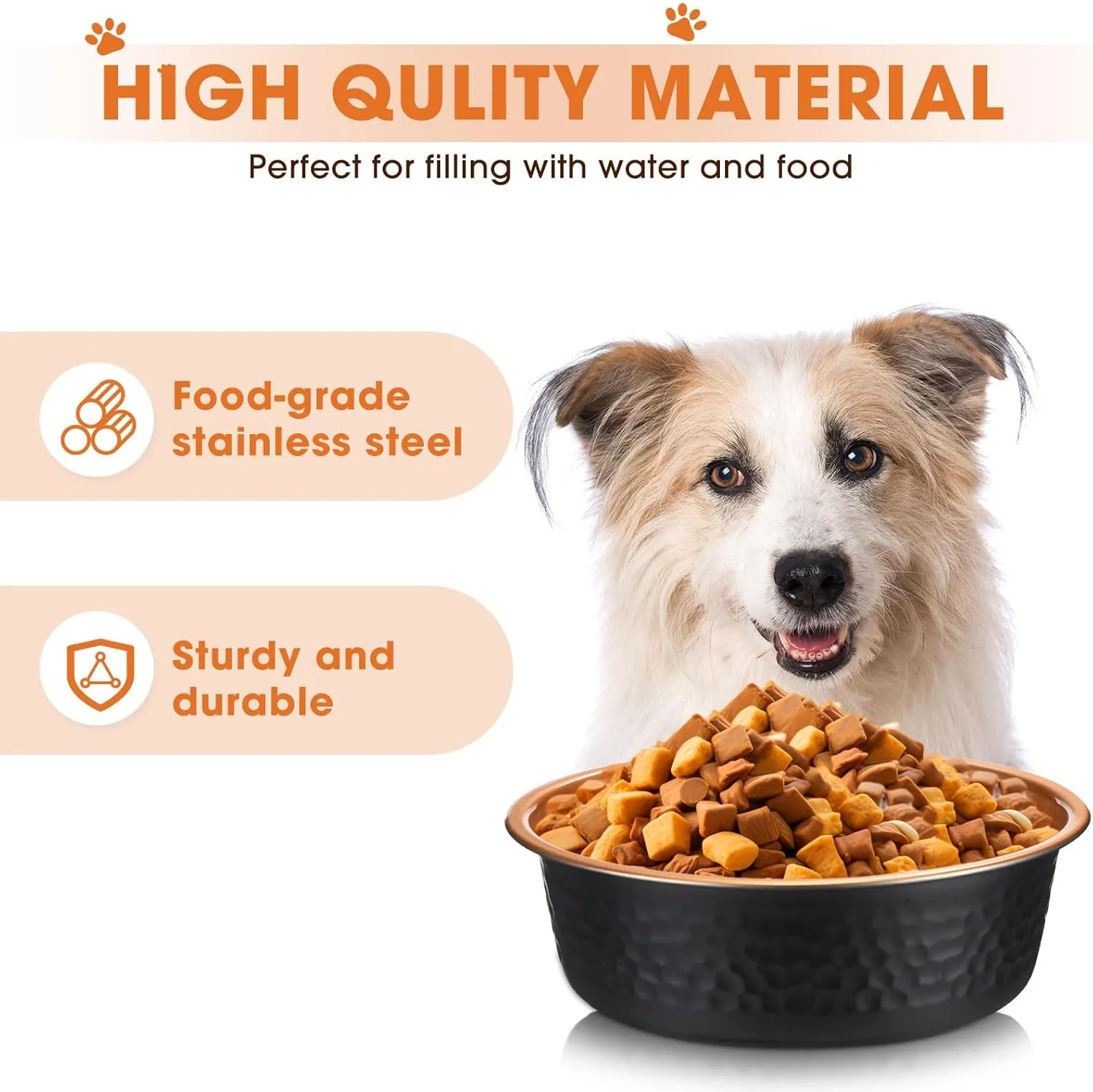 8 Pcs Hammered Stainless Steel Dog Bowls Heavy Duty Less Sliding Deep Metal Food Water Bowls for Pets Dogs Cats Easy to Clean(Black Gold,64 Oz, 8.5 Dia)