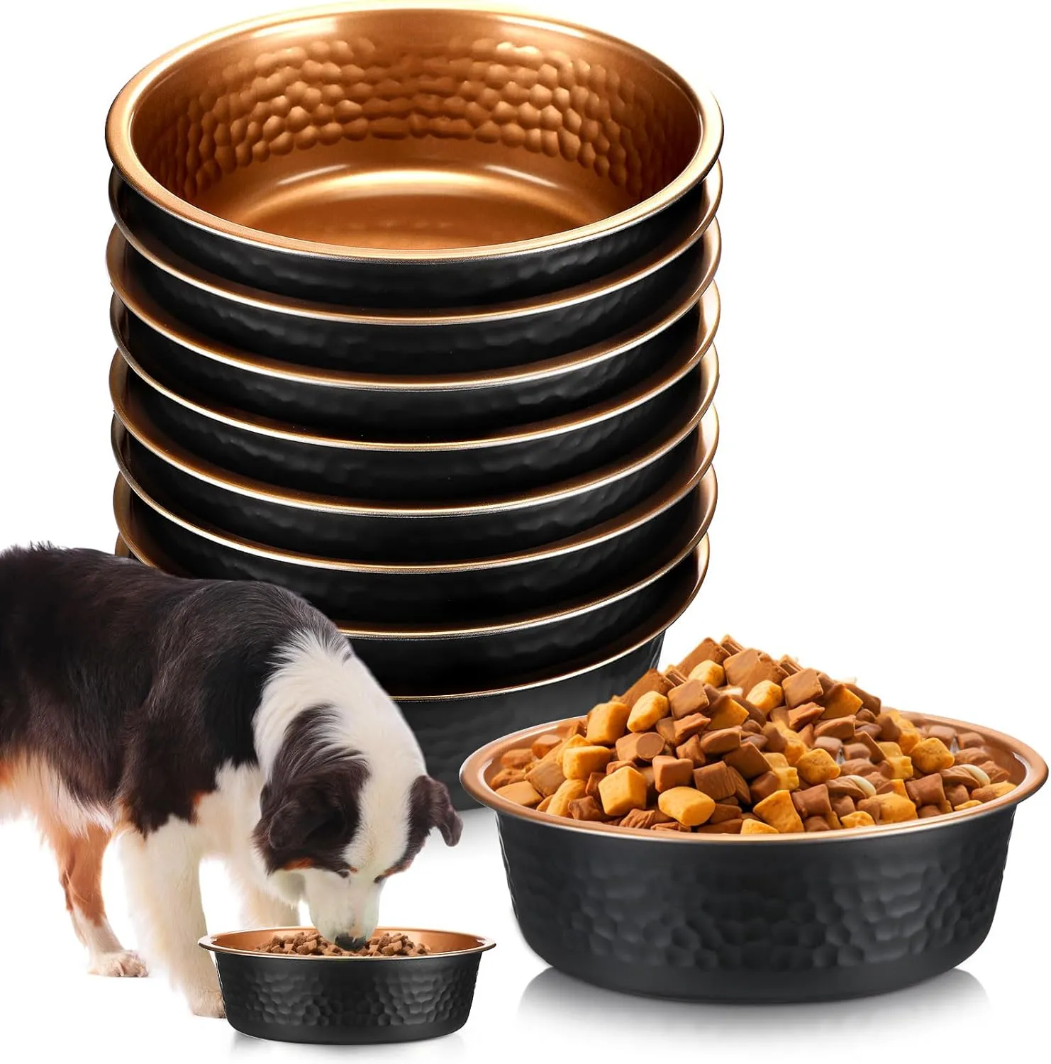8 Pcs Hammered Stainless Steel Dog Bowls Heavy Duty Less Sliding Deep Metal Food Water Bowls for Pets Dogs Cats Easy to Clean(Black Gold,64 Oz, 8.5 Dia)