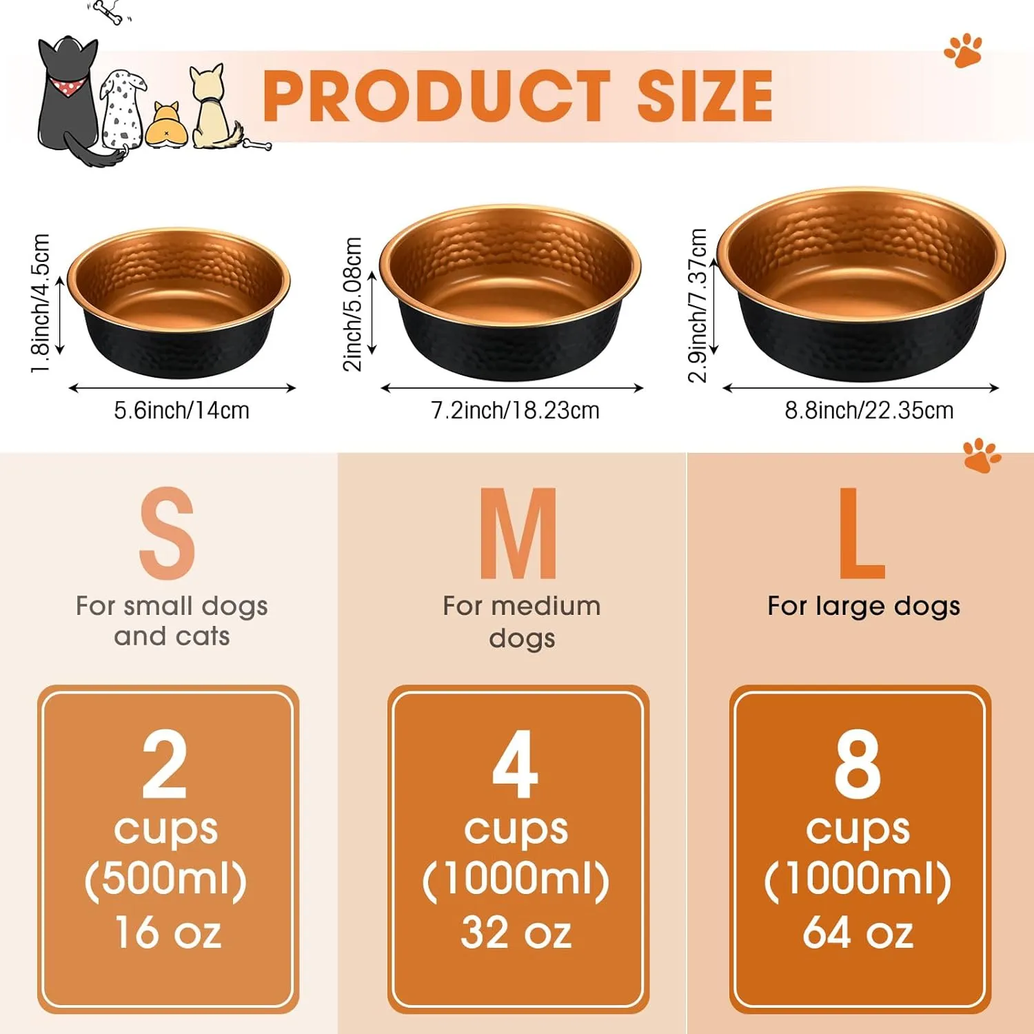 8 Pcs Hammered Stainless Steel Dog Bowls Heavy Duty Less Sliding Deep Metal Food Water Bowls for Pets Dogs Cats Easy to Clean(Black Gold,64 Oz, 8.5 Dia)