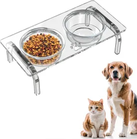 Acrylic Dog and Cat Bowl Holder Set with 2 Removable Thickened Glass Bowls, Dog and Cat Bowl Holder is 3.9 inches high, Perfect for Dog and cat Feeding Utensils