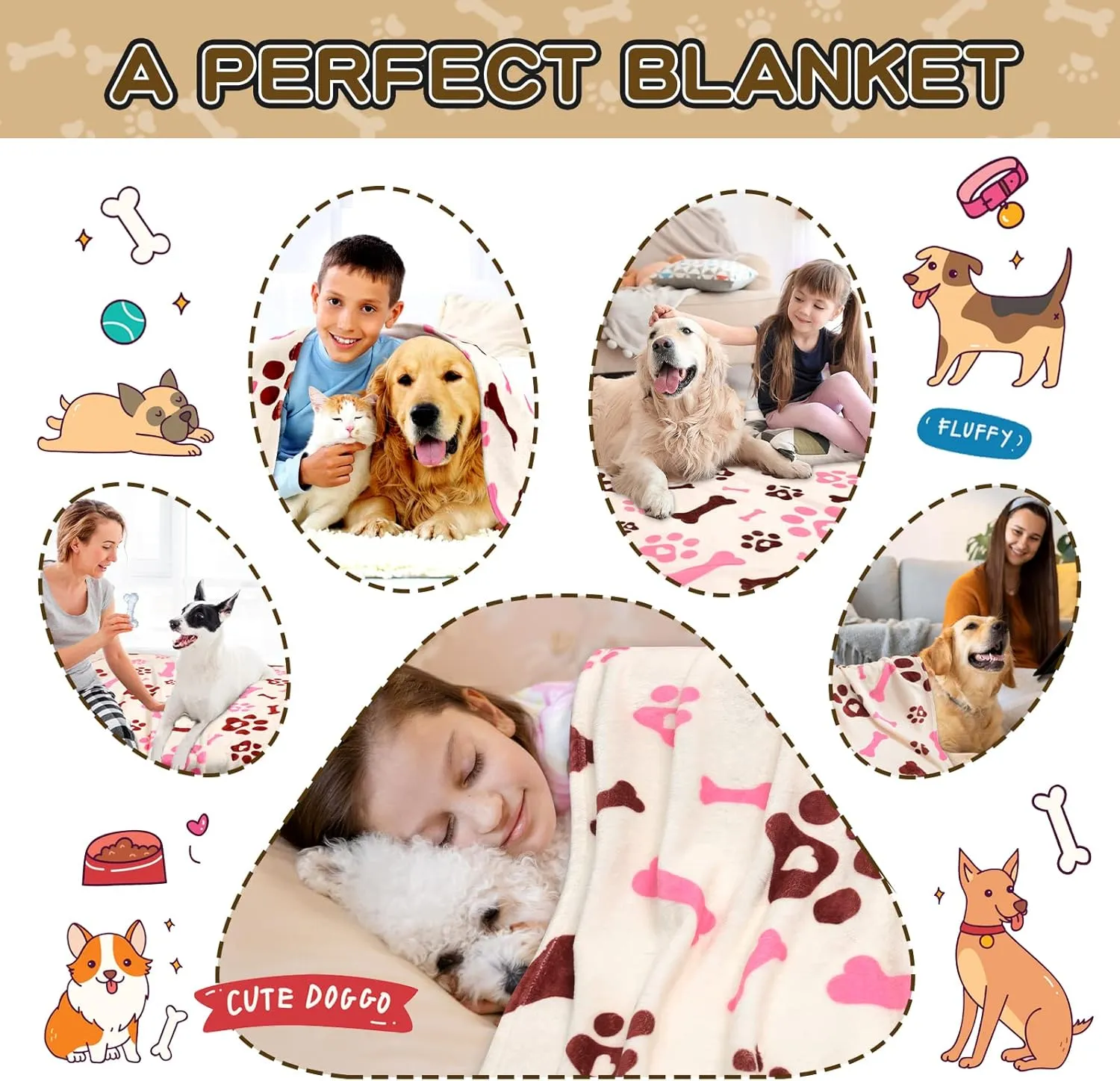 Blankets for Dogs, Dog Blankets for Large Dogs, Medium Dog Blanket Super Soft Fluffy Premium Fleece Pet Blanket Flannel Throw for Dog Puppy Cat Paw Blanket,Pink White,50x60 inch