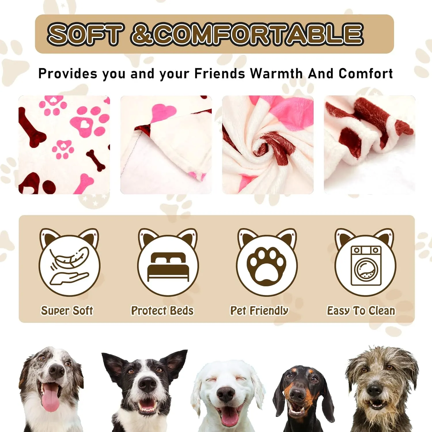 Blankets for Dogs, Dog Blankets for Large Dogs, Medium Dog Blanket Super Soft Fluffy Premium Fleece Pet Blanket Flannel Throw for Dog Puppy Cat Paw Blanket,Pink White,50x60 inch