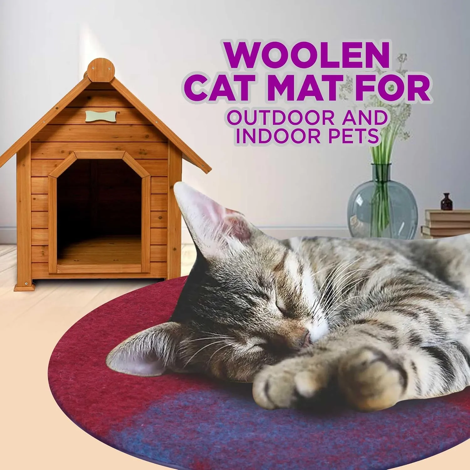 Cat Bed Mat Natural Merino Wool Cozy Large Carpet Pad for Pet Cats Kitty Small Dog House Warm Organic Sheep Wool Scratch Floor Mats Rug Bedding (Aqua Red, Large)