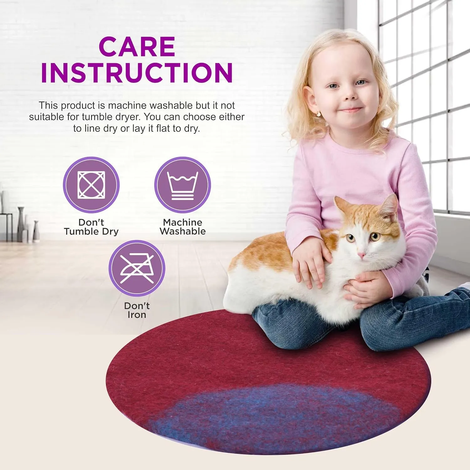 Cat Bed Mat Natural Merino Wool Cozy Large Carpet Pad for Pet Cats Kitty Small Dog House Warm Organic Sheep Wool Scratch Floor Mats Rug Bedding (Aqua Red, Large)