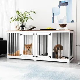 Dog Crate Furniture 71" Heavy Duty Wooden Large Dog Kennel with Trays, Removable Divider, Indoor Furniture Style Dog Crate House W/Double Rooms for Large Medium Small Dogs, White