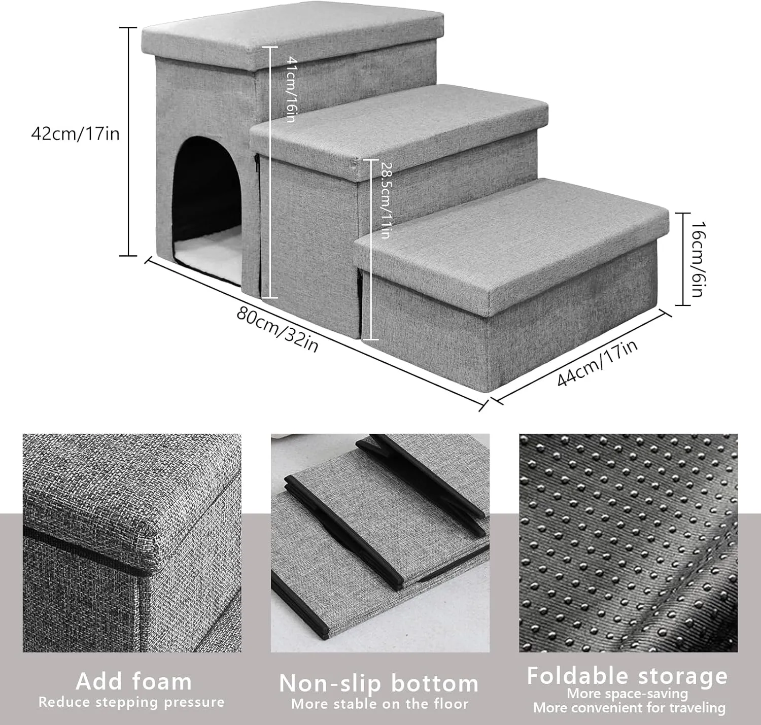 Dog Stairs for High Bed 18" H,Foldable Pet Stairs for Small Medium or Large Dogs Puppy with Storage for Bed or Couch, 3-Step Cat Dog Steps Ramp for High Bed