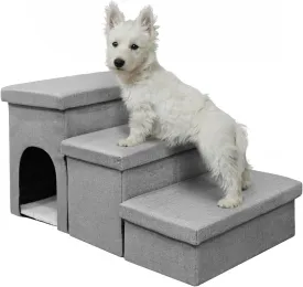 Dog Stairs for High Bed 18" H,Foldable Pet Stairs for Small Medium or Large Dogs Puppy with Storage for Bed or Couch, 3-Step Cat Dog Steps Ramp for High Bed