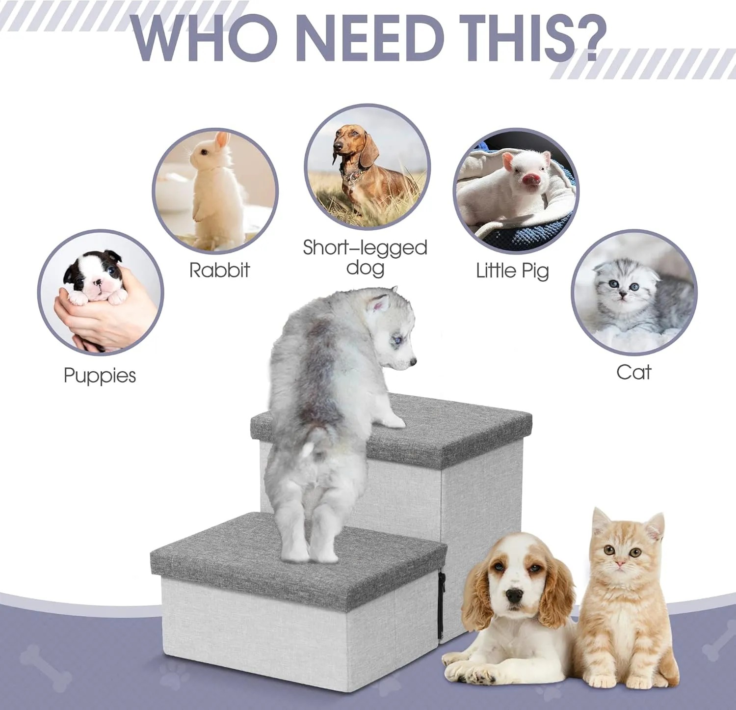 Dog Stairs with Storage, Foldable Dog Steps for Small Dogs, 2 Tiers Non-Slip Pet Stairs for High Beds Or Couch and Sofa, Hold up to 50 lbs Pet Doggy Cat