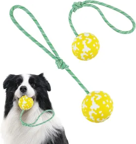 Dog Toy Ball on Rope, Aggressive Chewers Heavy Duty Ball - Nature Bamboo Fiber & Rubber, Chew/Tug/Fetch - Training, Reward and Exercise Toy -Small Medium Breeds Yellow M