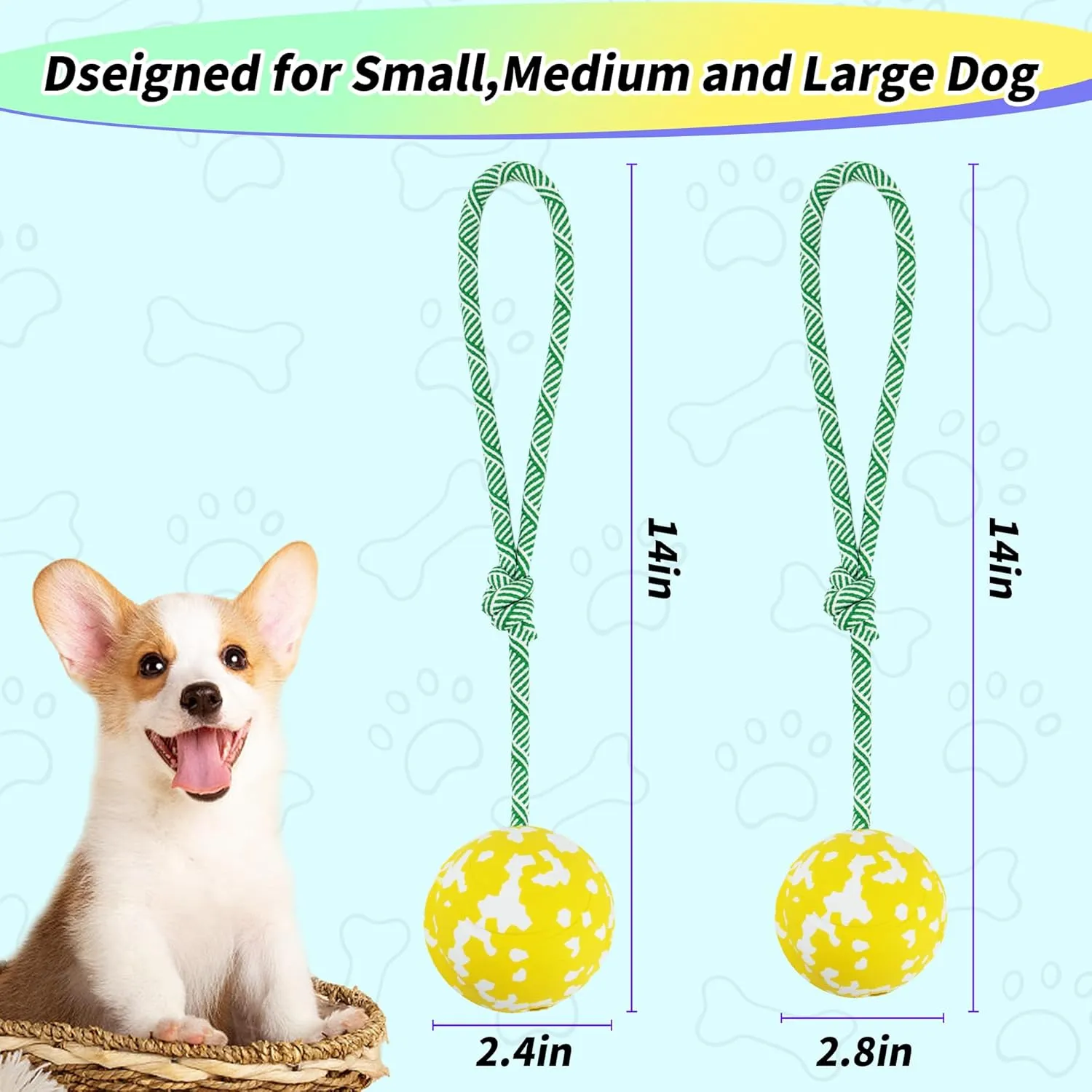 Dog Toy Ball on Rope, Aggressive Chewers Heavy Duty Ball - Nature Bamboo Fiber & Rubber, Chew/Tug/Fetch - Training, Reward and Exercise Toy -Small Medium Breeds Yellow M