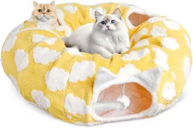 Donut Cat Tunnel Bed for Indoor Cats - 2-in-1 Kitty Playhouse with Cozy Hideout, Durable Pet Caves for Multiple Kittens, Washable Cushion and Collapsible Design