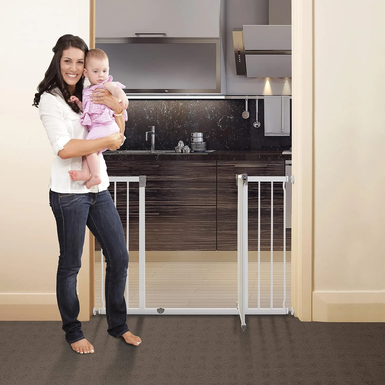 Dreambaby Liberty Extra-Wide Hallway Baby Safety Gate Set - with 3.5"/ 9cm Wide Extension - Smart Stay Open Feature - Fits Openings 39-45.5 inches Wide & 30 inches Tall - White - Model L777BB