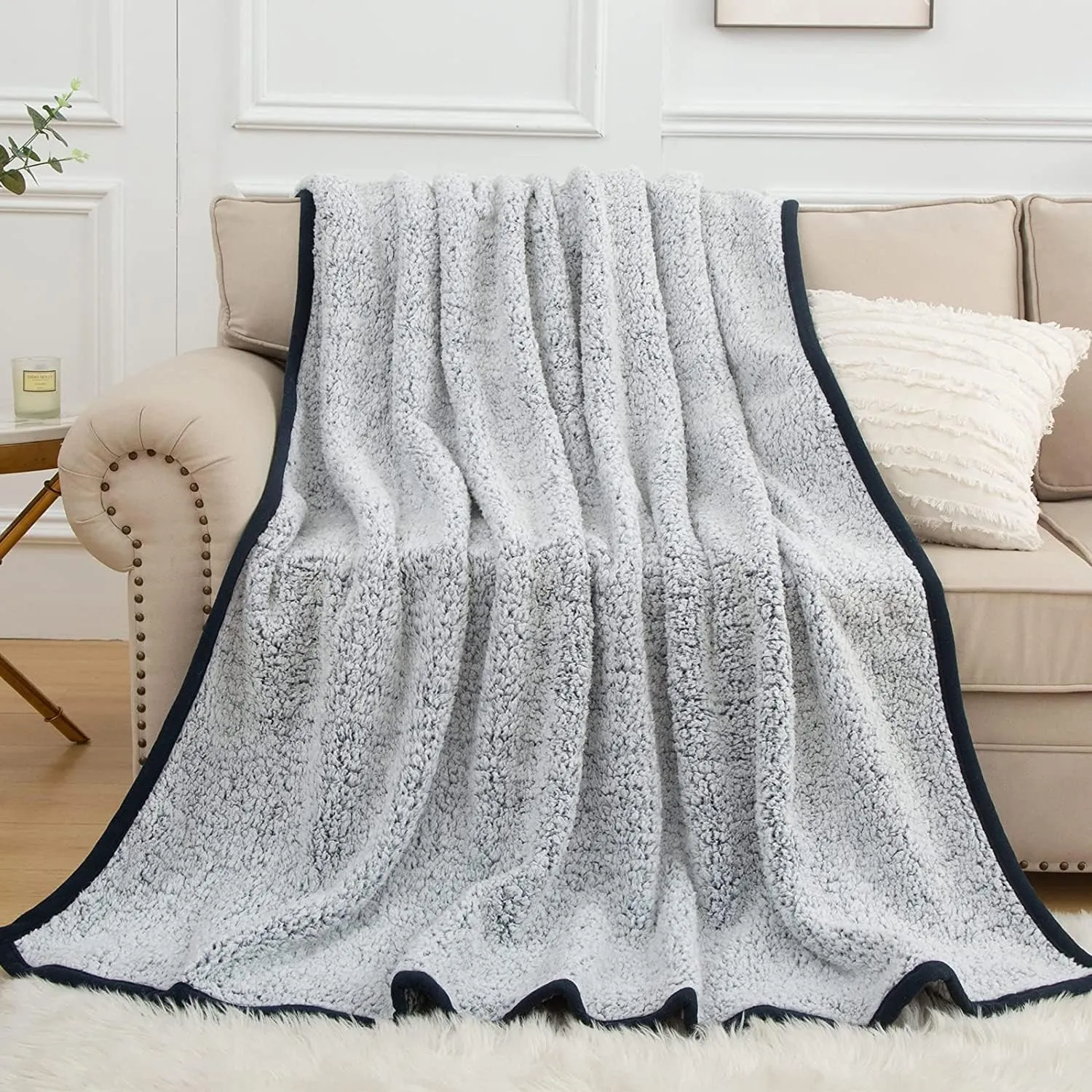 EMME Fleece Throw Blankets Soft Sherpa Plush Blankets for Couch Cozy Bed Blanket(Navy, 50"x60")