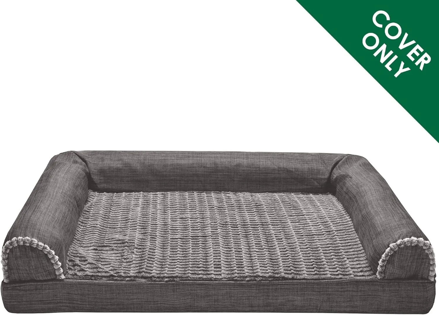 Furhaven Replacement Dog Bed Cover Luxe Faux Fur & Performance Linen Sofa-Style, Machine Washable - Charcoal, Jumbo Plus (XX-Large)