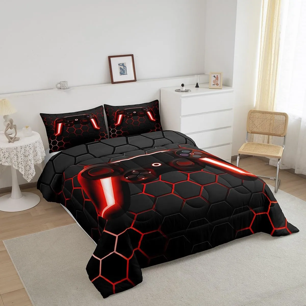 Gaming Comforter for Boys Teen Gamer Comforter Set,Game Contoller Bedding Home Decor for Kids Men Video Game Bed Set,Neon Lights Gamepad Duvet Set,Red Grey Hexagon Honeycomb Bedding Lightweight,Full