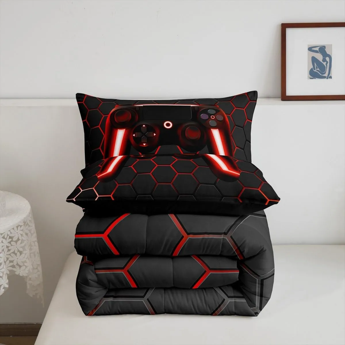 Gaming Comforter for Boys Teen Gamer Comforter Set,Game Contoller Bedding Home Decor for Kids Men Video Game Bed Set,Neon Lights Gamepad Duvet Set,Red Grey Hexagon Honeycomb Bedding Lightweight,Full
