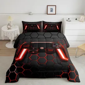 Gaming Comforter for Boys Teen Gamer Comforter Set,Game Contoller Bedding Home Decor for Kids Men Video Game Bed Set,Neon Lights Gamepad Duvet Set,Red Grey Hexagon Honeycomb Bedding Lightweight,Full
