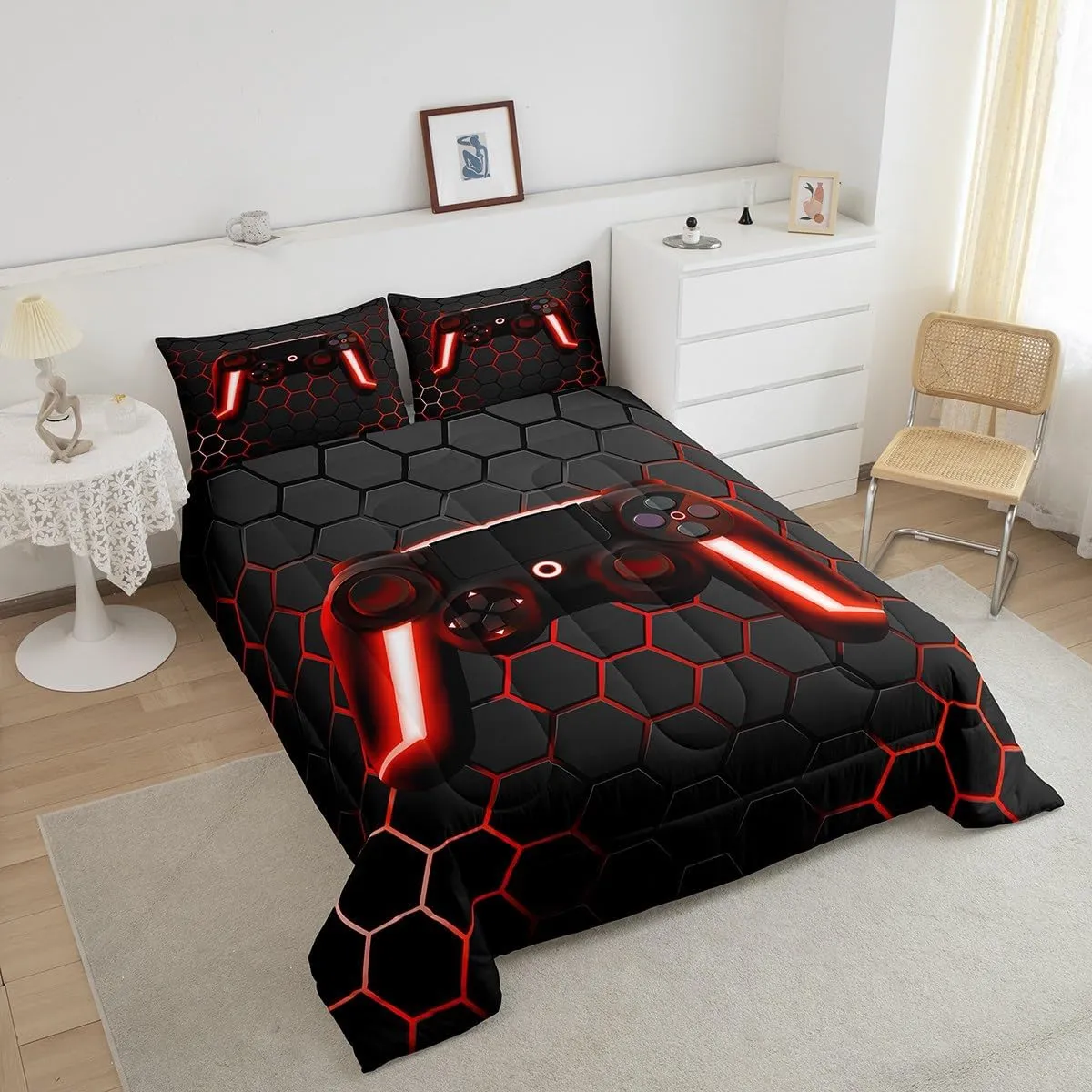 Gaming Comforter for Boys Teen Gamer Comforter Set,Game Contoller Bedding Home Decor for Kids Men Video Game Bed Set,Neon Lights Gamepad Duvet Set,Red Grey Hexagon Honeycomb Bedding Lightweight,Full