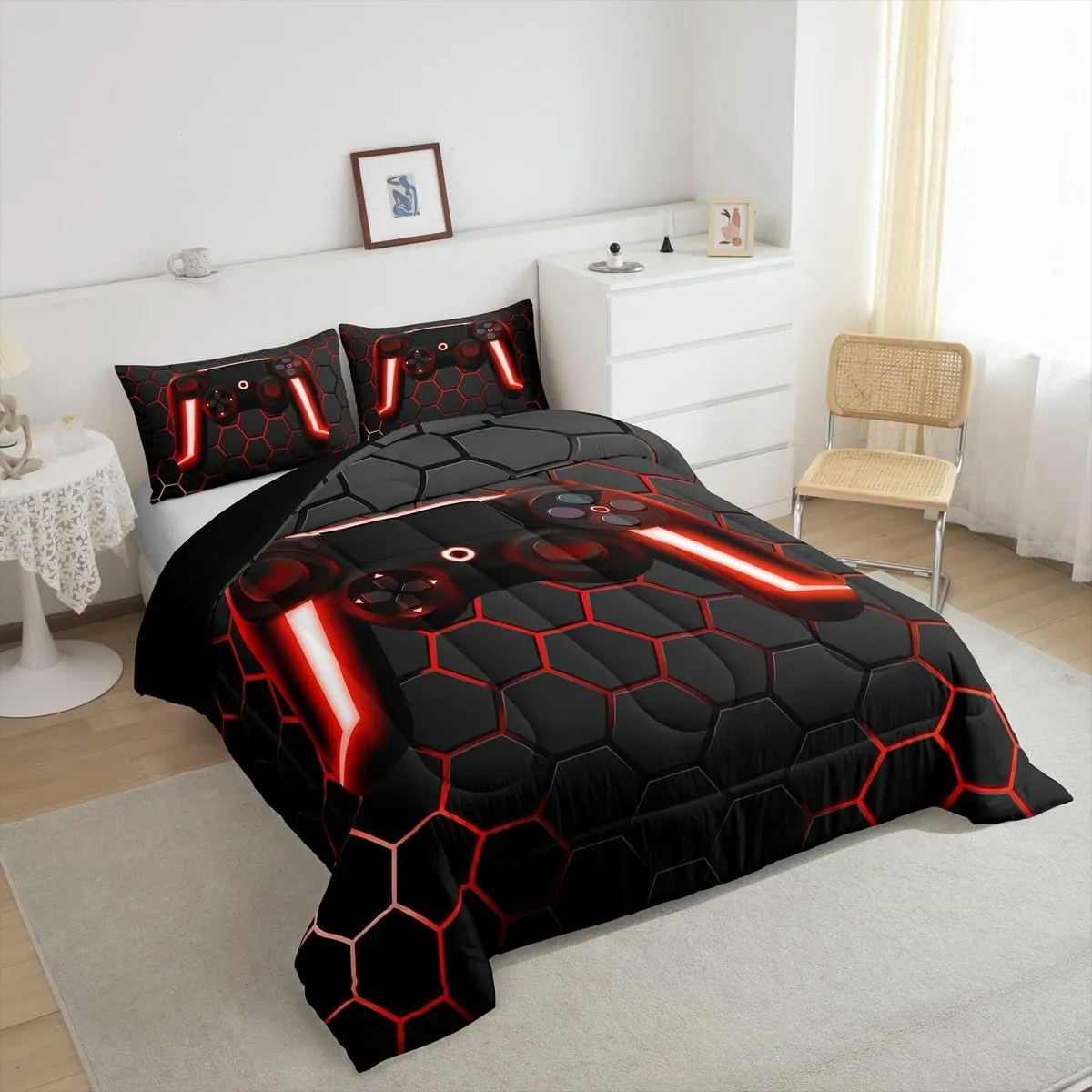 Gaming Comforter for Boys Teen Gamer Comforter Set,Game Contoller Bedding Home Decor for Kids Men Video Game Bed Set,Neon Lights Gamepad Duvet Set,Red Grey Hexagon Honeycomb Bedding Lightweight,Full