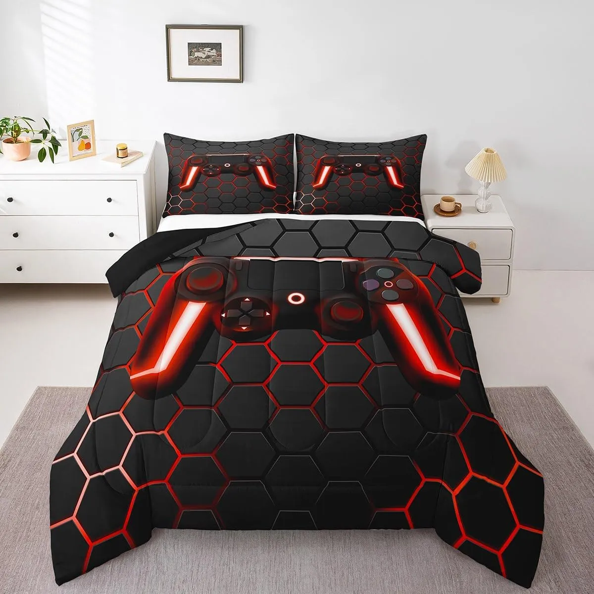 Gaming Comforter for Boys Teen Gamer Comforter Set,Game Contoller Bedding Home Decor for Kids Men Video Game Bed Set,Neon Lights Gamepad Duvet Set,Red Grey Hexagon Honeycomb Bedding Lightweight,Full