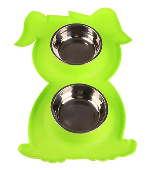 green Stainless Steel Double Pet Bowl Dog Cat Twin Food Water Dish Feeding Station AZ21788