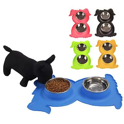 green Stainless Steel Double Pet Bowl Dog Cat Twin Food Water Dish Feeding Station AZ21788