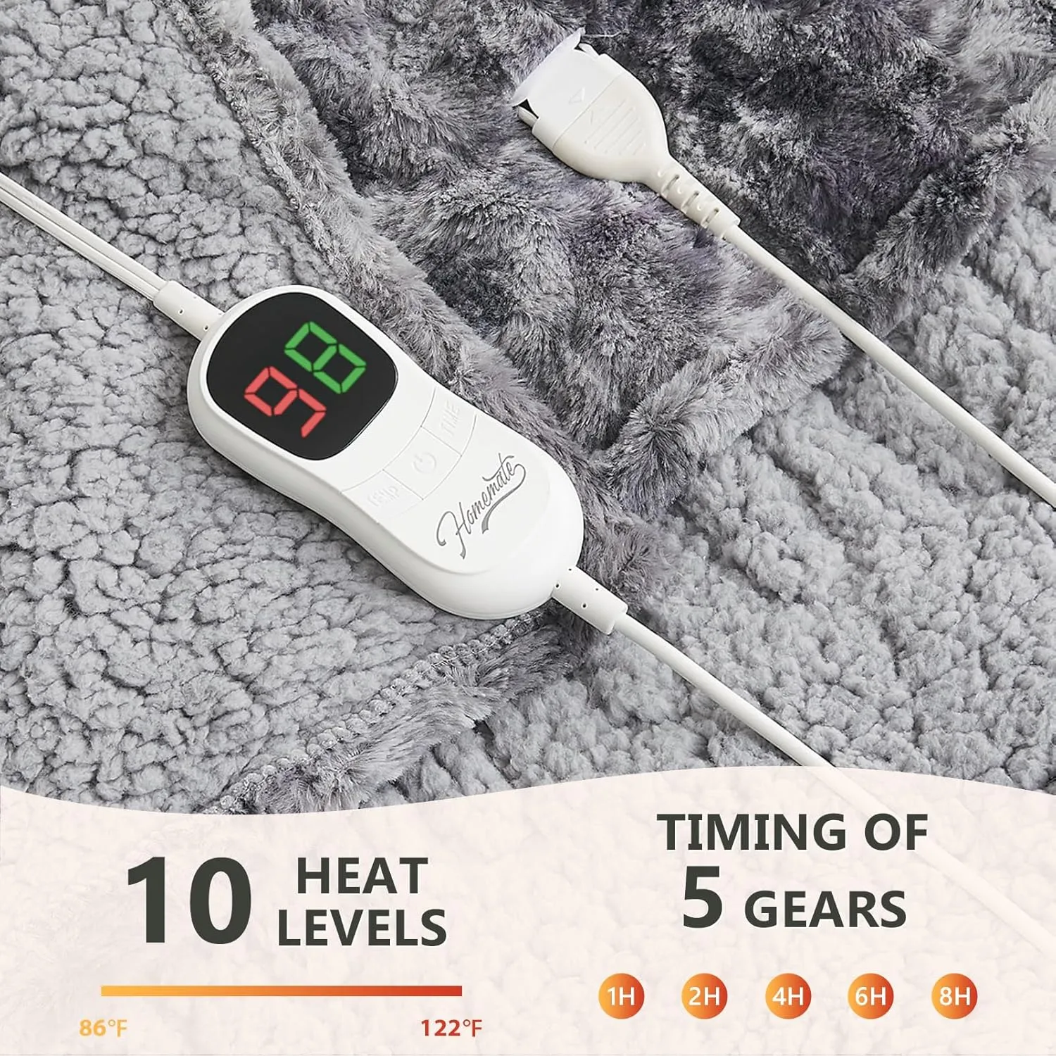 Homemate Heated Blanket Electric Throw - 50"x60" Heating Blanket Throw 1/2/4/6/8 Hours Auto-Off 10 Heat Level Over-Heat Protection Luxury Faux Fur Sherpa ETL Certification