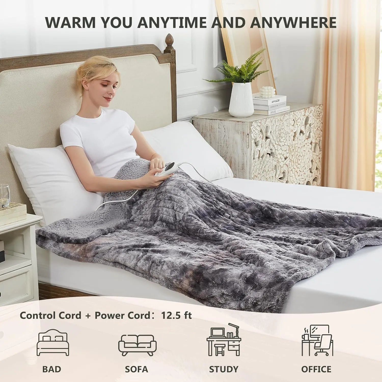 Homemate Heated Blanket Electric Throw - 50"x60" Heating Blanket Throw 1/2/4/6/8 Hours Auto-Off 10 Heat Level Over-Heat Protection Luxury Faux Fur Sherpa ETL Certification