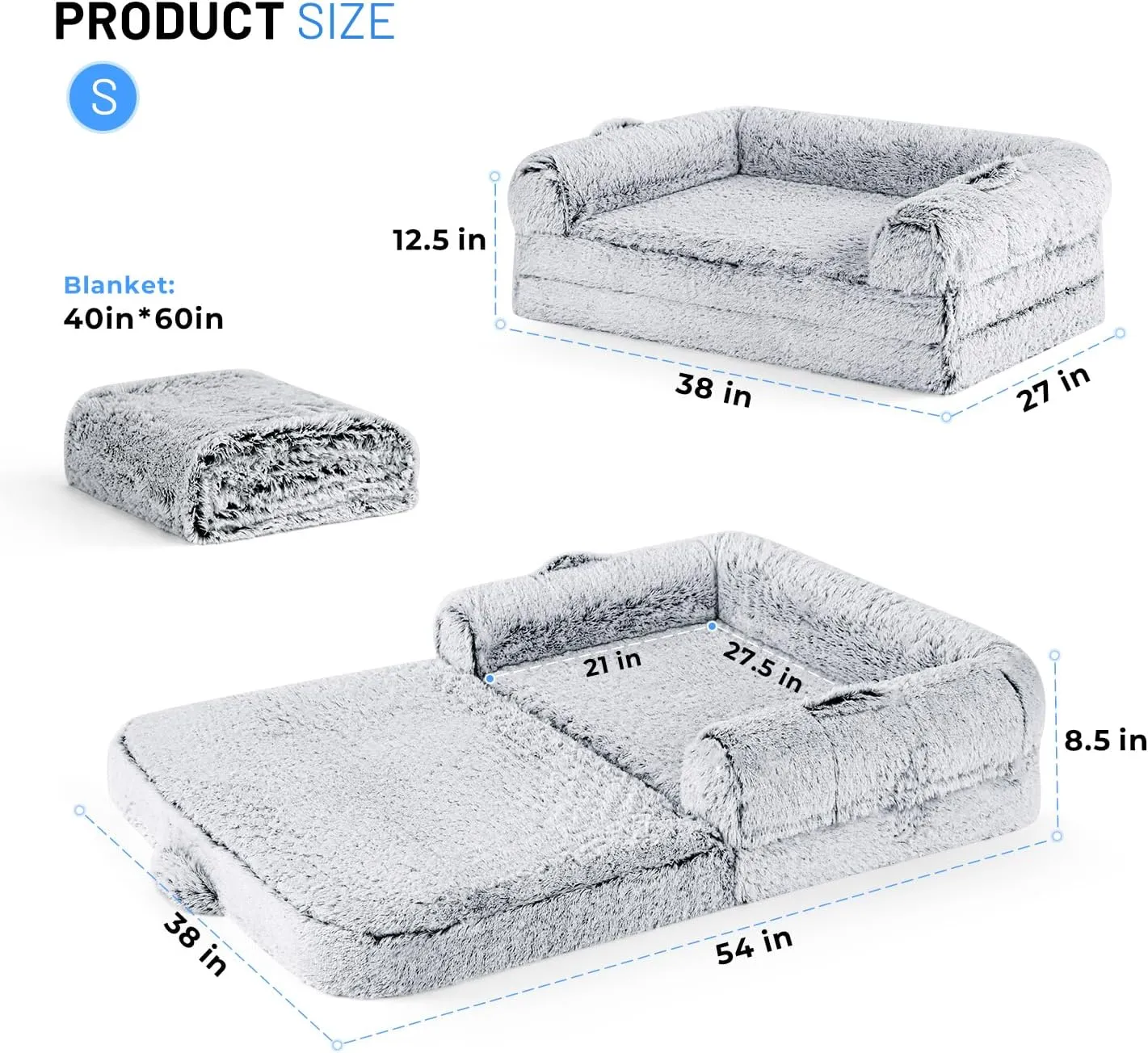 Human Dog Bed for Kids, 2 in 1 Foldable XL Bed for People Fits Pet Families, Orthopedic Calming Memory Foam Dog Sofa, Faux Fur Human Size Pet Bed with Blanket, 54"x38"x8.5", Grey