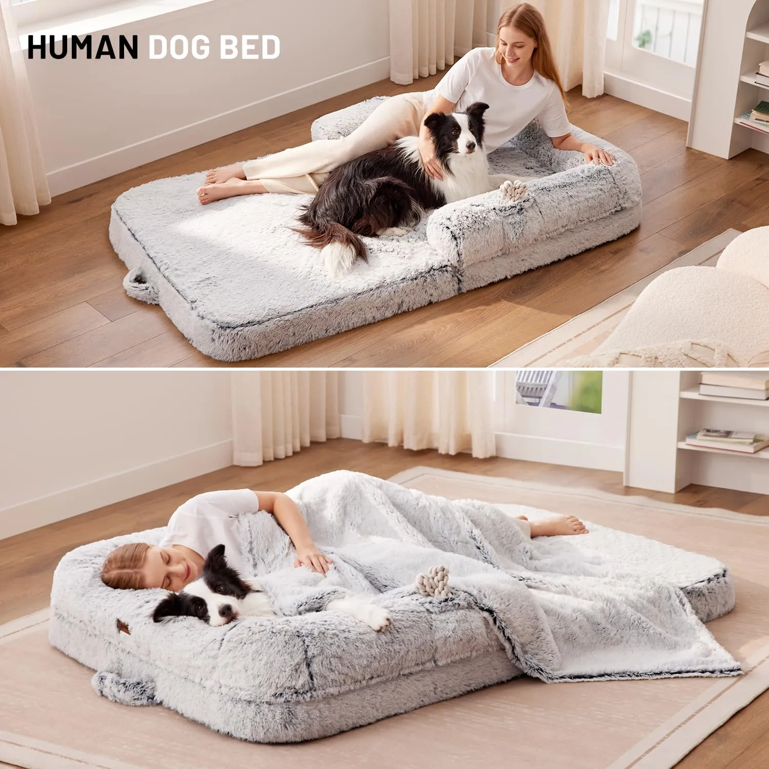Human Dog Bed for Kids, 2 in 1 Foldable XL Bed for People Fits Pet Families, Orthopedic Calming Memory Foam Dog Sofa, Faux Fur Human Size Pet Bed with Blanket, 54"x38"x8.5", Grey