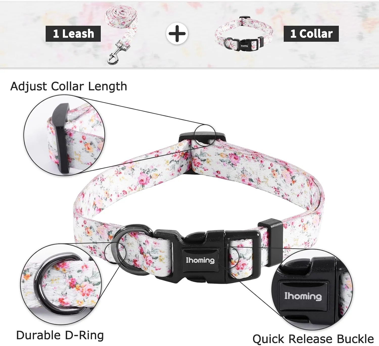 Ihoming Dog Collar and Leash Set for Daily Outdoor Walking Running Training, Floral Sky Design for Medium Boys Girls Dogs Cats Pets, M-Up to 45LBS