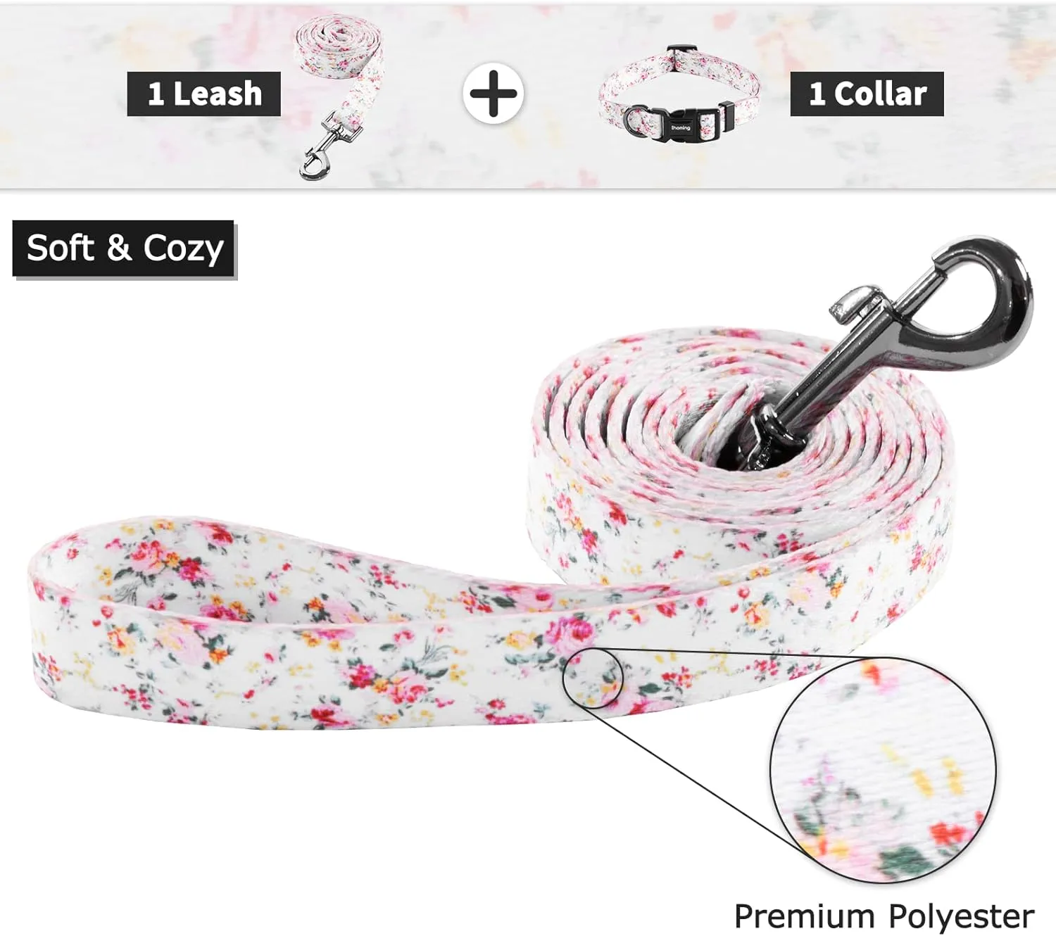 Ihoming Dog Collar and Leash Set for Daily Outdoor Walking Running Training, Floral Sky Design for Medium Boys Girls Dogs Cats Pets, M-Up to 45LBS
