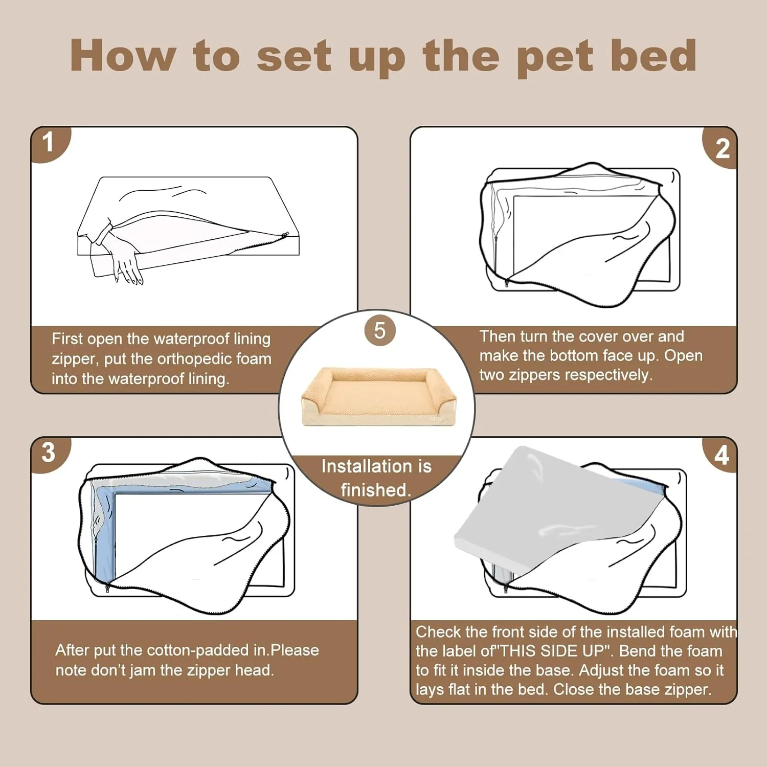 JOYELF Orthopedic Dog Bed for Medium Dogs,U-Shaped Foam Sofa Bed, Bolster Waterproof Pet Bed with Removable Washable Cover and Nonskid Bottom, for Small to Medium Dogs - Khaki