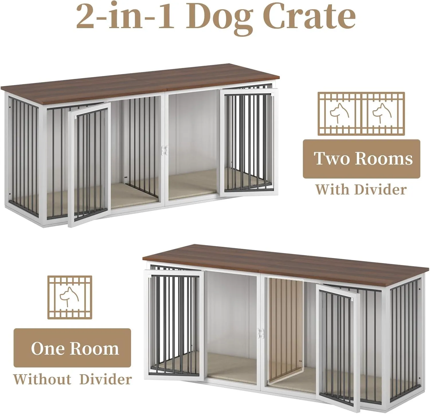 Large Crate Furniture for 2 Dogs, 71.6'' Steel Frame With Double Doors, Heavy Sturdy Kennel for Small Medium Large Dogs, Indoor Double Cage (White)
