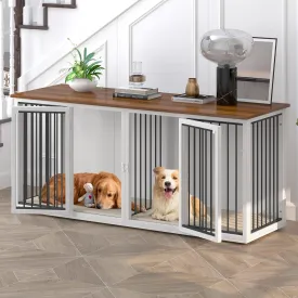 Large Crate Furniture for 2 Dogs, 71.6'' Steel Frame With Double Doors, Heavy Sturdy Kennel for Small Medium Large Dogs, Indoor Double Cage (White)