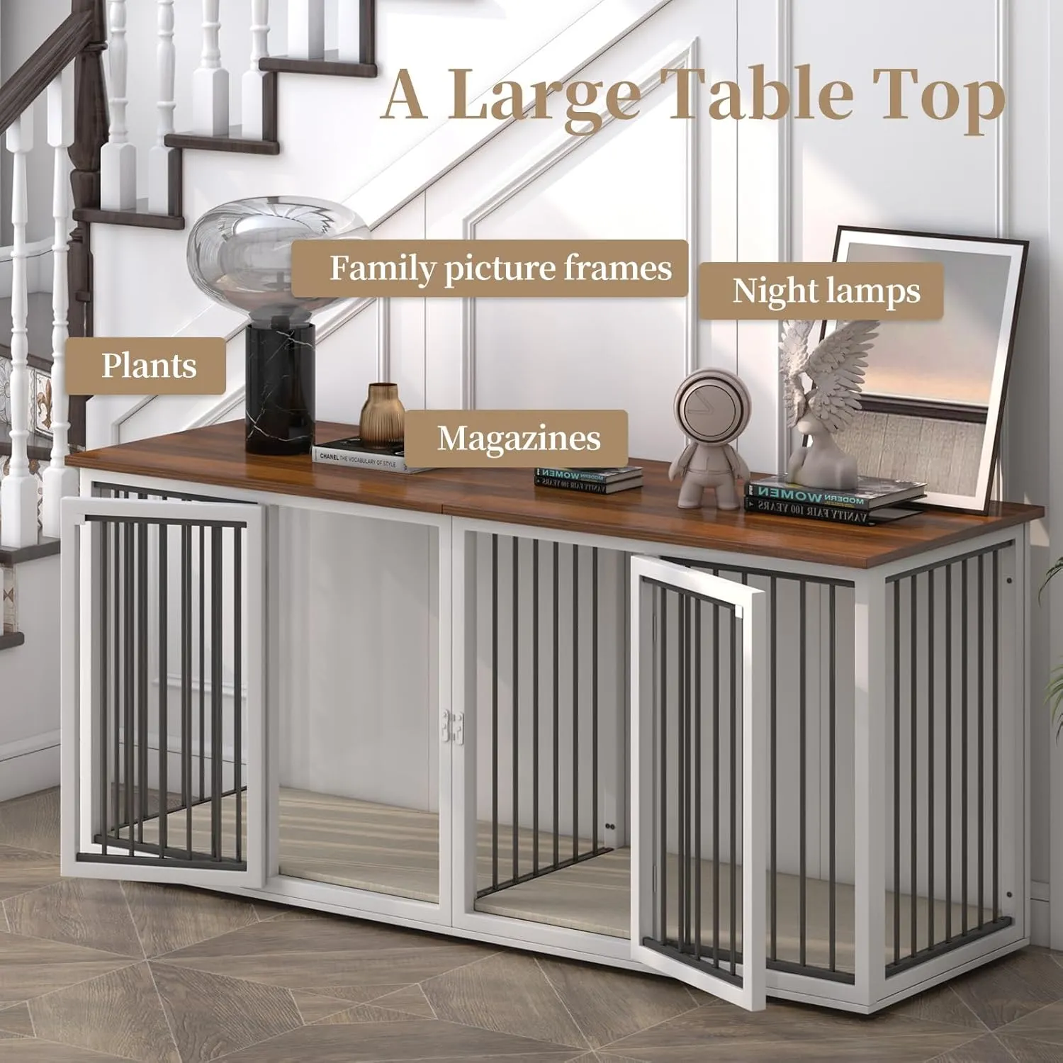 Large Crate Furniture for 2 Dogs, 71.6'' Steel Frame With Double Doors, Heavy Sturdy Kennel for Small Medium Large Dogs, Indoor Double Cage (White)