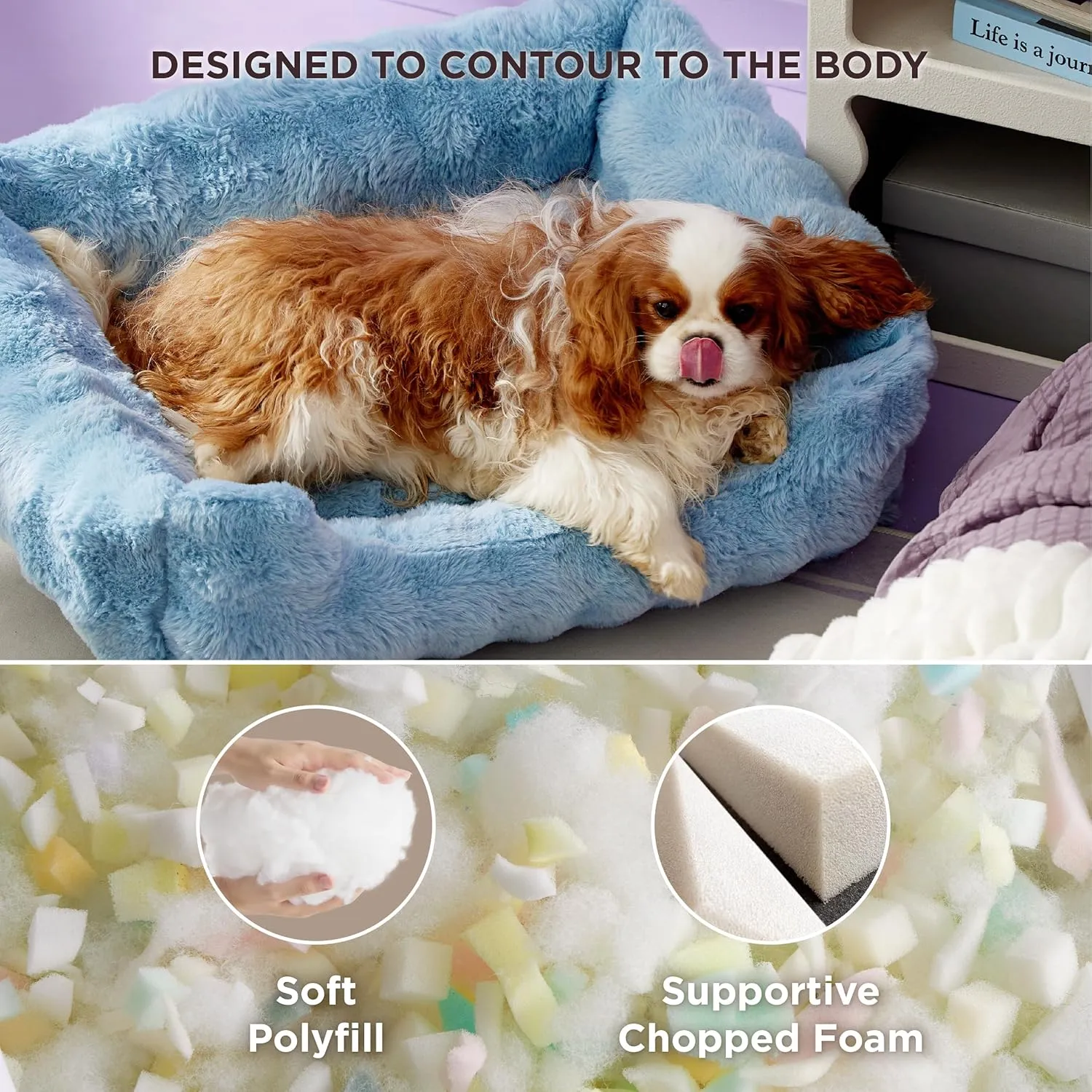 Lesure Fluffy Dog Beds for Medium Dogs - Rectangle Orthopedic Calming Pet Sofa,Plush Bubble Bolster Pet Bed with Removable Washable Cover and Nonskid Bottom,30x24x8inches,Blue