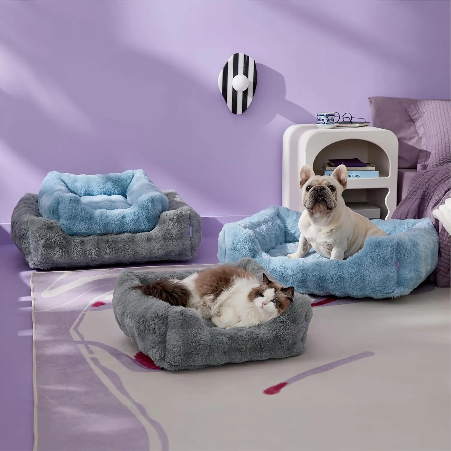 Lesure Fluffy Dog Beds for Medium Dogs - Rectangle Orthopedic Calming Pet Sofa,Plush Bubble Bolster Pet Bed with Removable Washable Cover and Nonskid Bottom,30x24x8inches,Blue