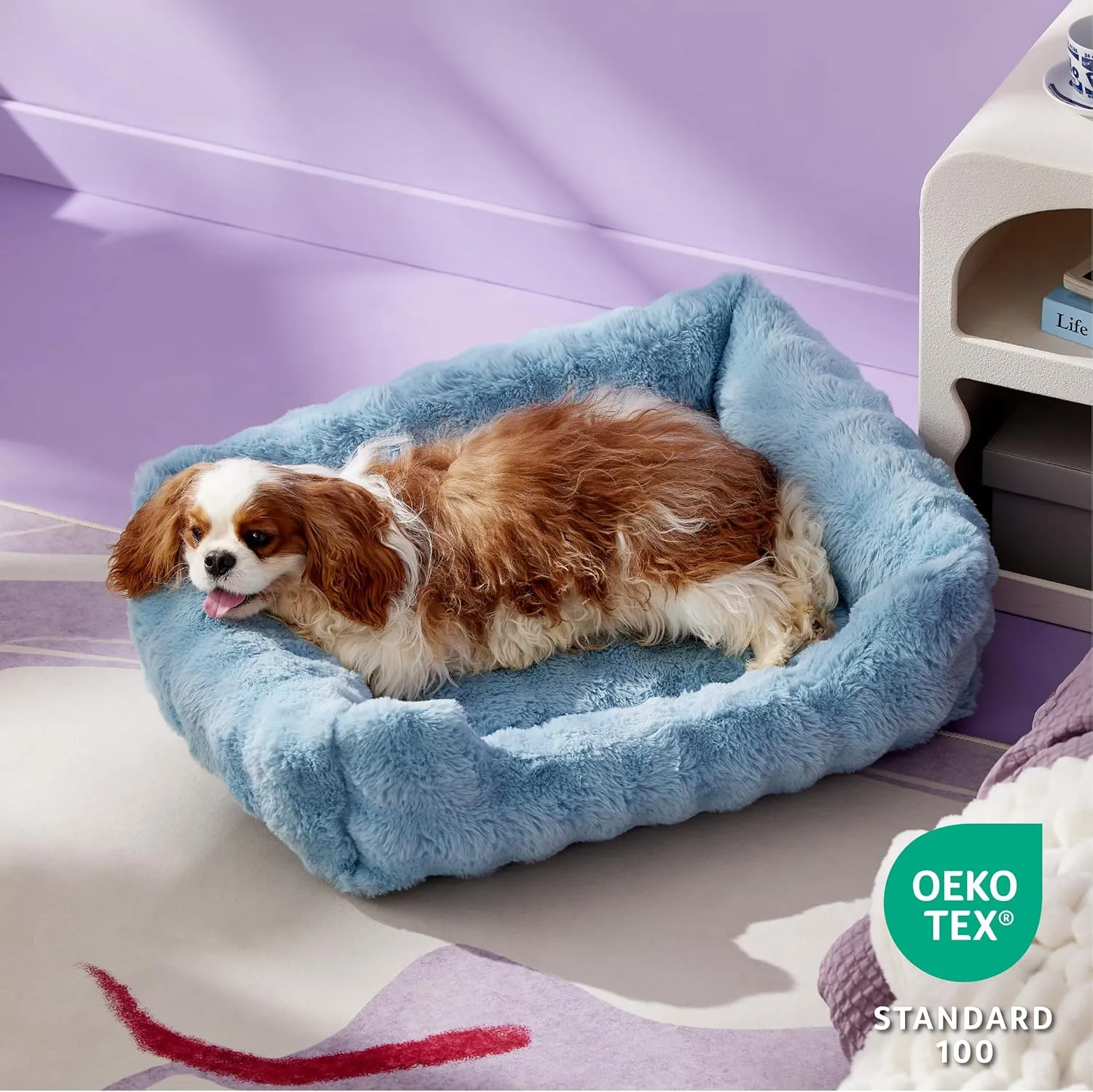 Lesure Fluffy Dog Beds for Medium Dogs - Rectangle Orthopedic Calming Pet Sofa,Plush Bubble Bolster Pet Bed with Removable Washable Cover and Nonskid Bottom,30x24x8inches,Blue