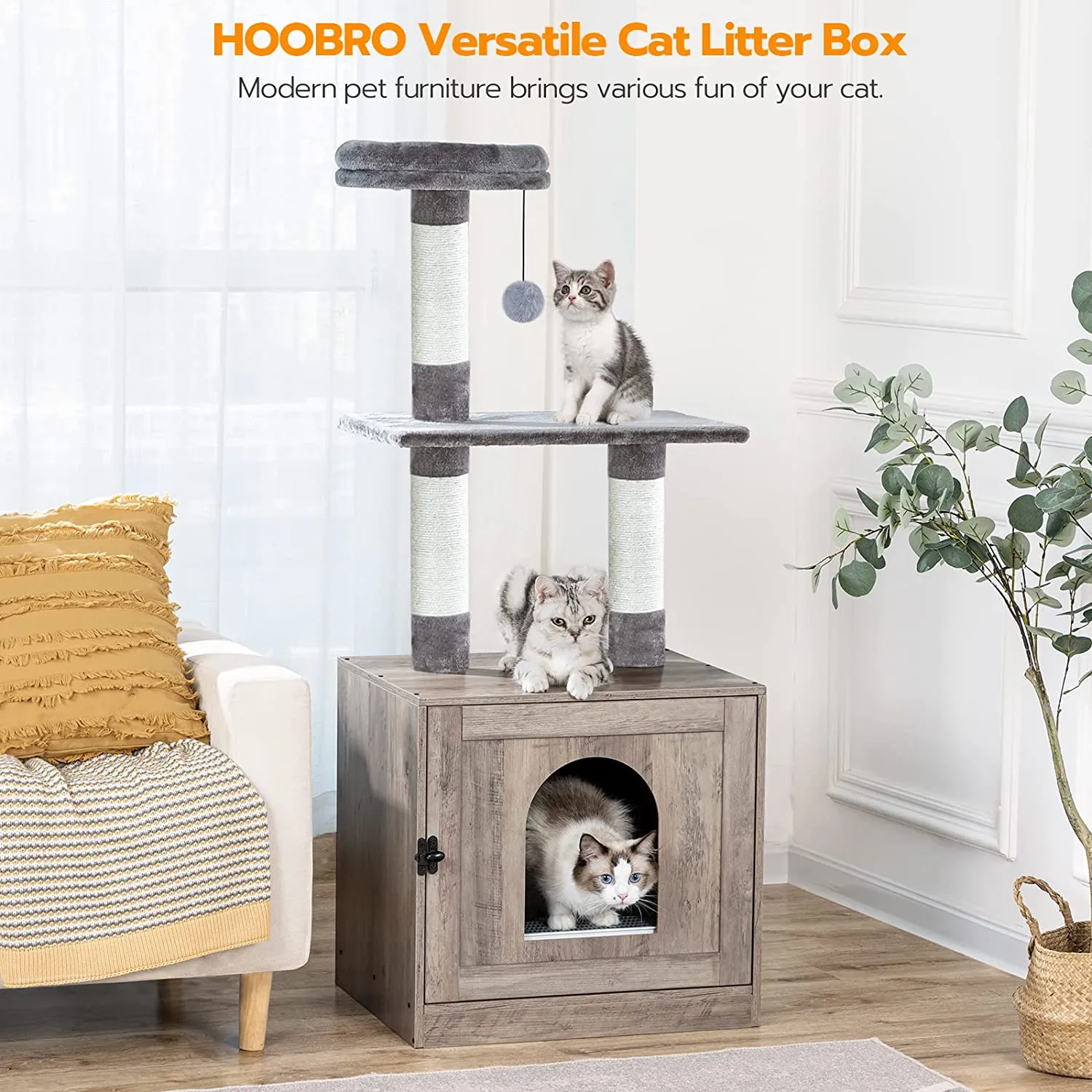 Litter Box Enclosure with Cat Tree Tower, Hidden Cat Washroom with Scratching Post and Soft Plush Perch
