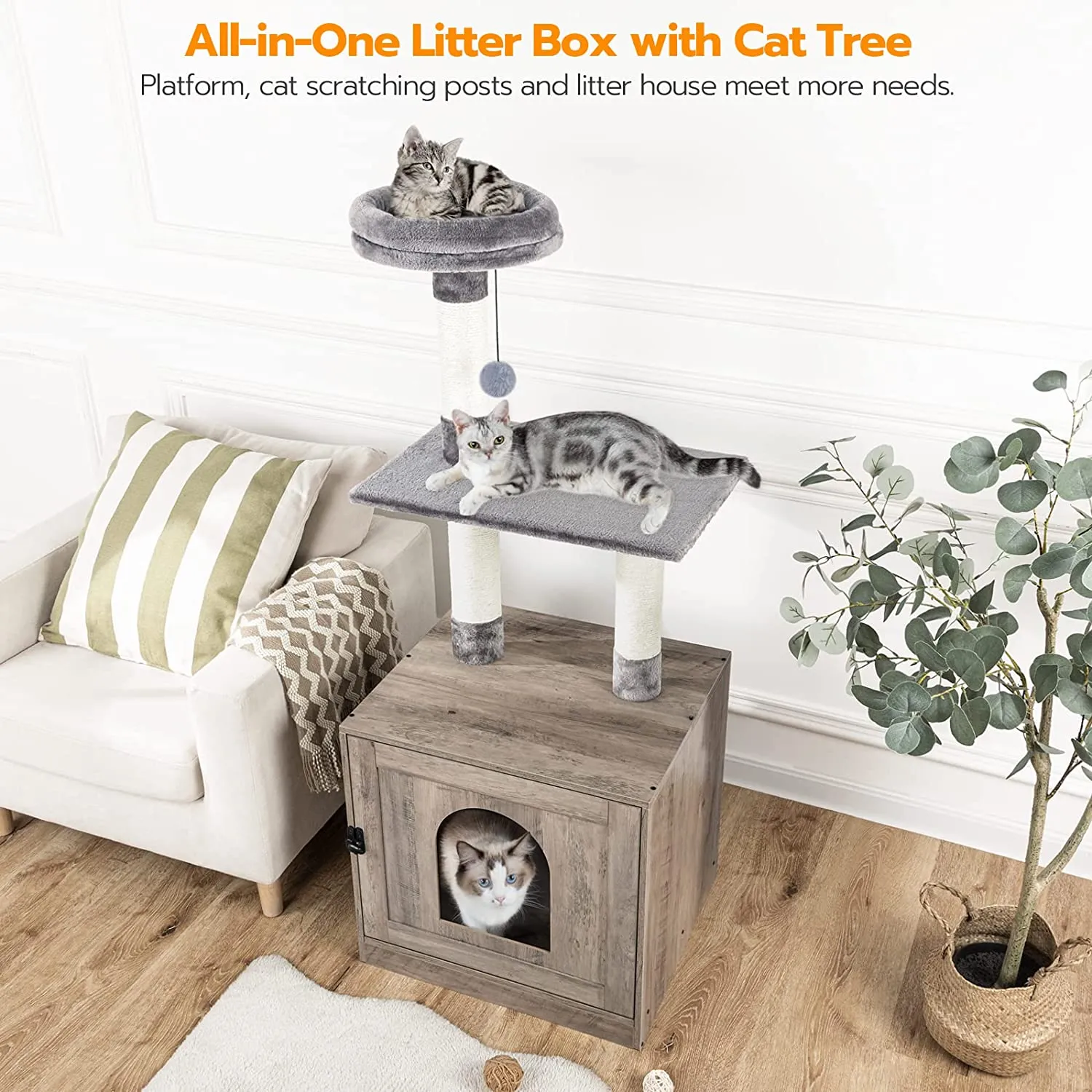 Litter Box Enclosure with Cat Tree Tower, Hidden Cat Washroom with Scratching Post and Soft Plush Perch