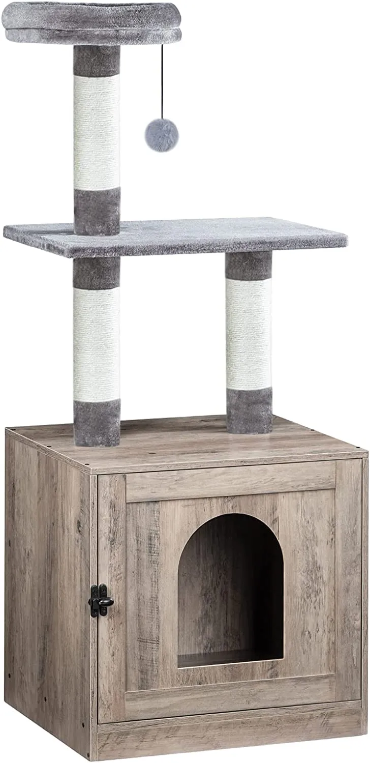 Litter Box Enclosure with Cat Tree Tower, Hidden Cat Washroom with Scratching Post and Soft Plush Perch
